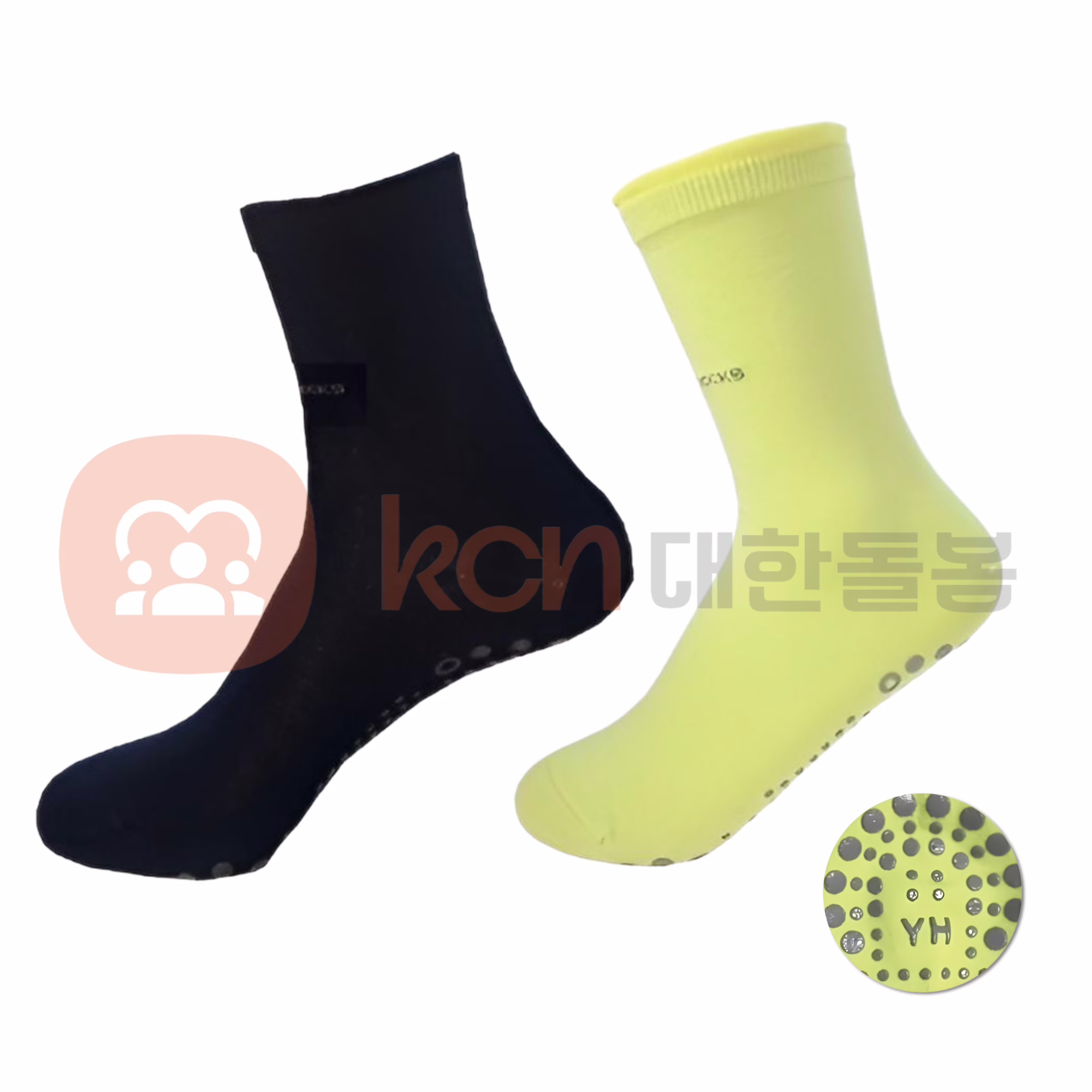 YH-11 미끄럼방지 양말 – TOP부분 푹신한 패드가 적용된 복지용 양말 1 검은색과 노란색 양말 쌍